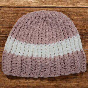 Hand Knit Hat Beanie Pink White kids Girls Youth Child‎